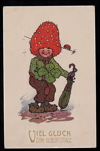 AK Félicitations anniversaire: garçon comme champignon de mouches Scarabée de chance, HAMBURG 1912