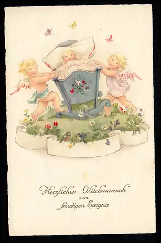AK Félicitations à la naissance: enfant à berceau avec deux anges, marqué