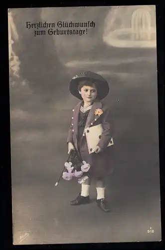 AK Glückwünsche Geburtstag: Junge violette Jacke Karte Blumen, HILGEN 27.4.1914