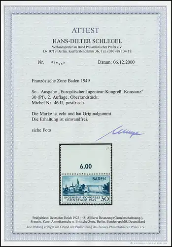 46II Konstanz 1949 Type II postfrisch Fotoattest Schlegel BPP einwandfrei **