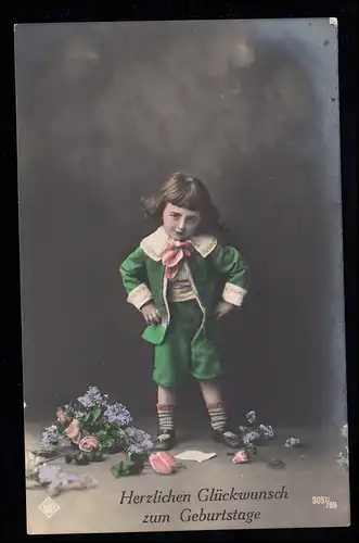 AK Félicitations pour l'anniversaire: Méchant garçon - Fleurs cassées, HILGEN 27.4.1914