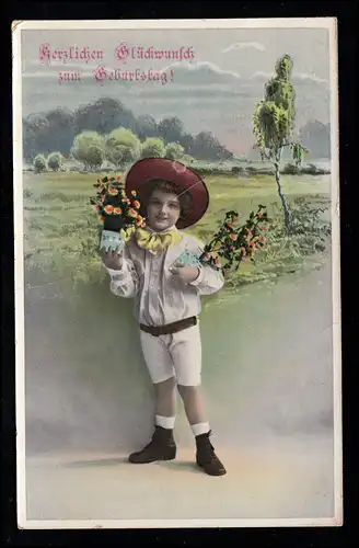 AK Félicitations anniversaire: Paysage enfant avec des fleurs, EAU 23.5.13