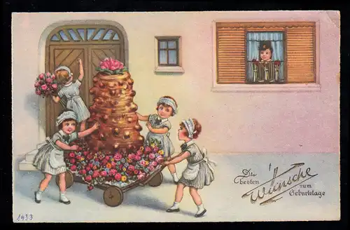 AK Glückwünsche Geburtstag: Mädchen als Bäckerinnen bringen Baumkuchen, 19.4.33