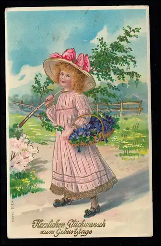 AK Félicitations anniversaire: Fille avec corbeille de violette Branche de bouleau, BOUCH 1912
