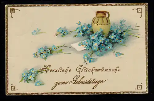AK Félicitations anniversaire: Krug avec carte et fleurs, TADFINGEN 25.2.1914