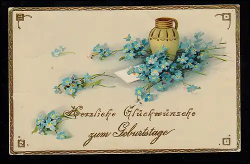 AK Glückwünsche Geburtstag: Krug mit Karte und Blumen,  TAILFINGEN 25.2.1914