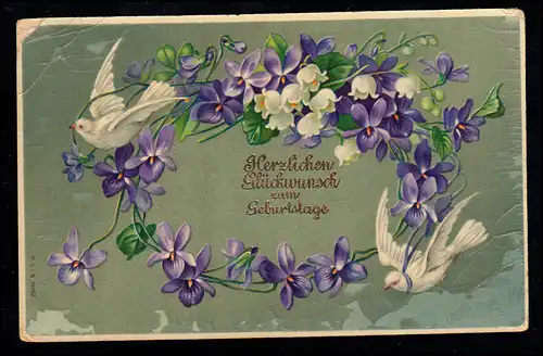 AK Félicitations anniversaire: Blumentoval Pigeons blancs, BEAUCOUP DE CHEMNITS 1910
