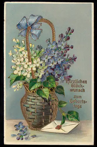 AK Glückwünsche Geburtstag Blumenkorb mit Veilchen, vergoldet, OFFENBACH 6.10.12