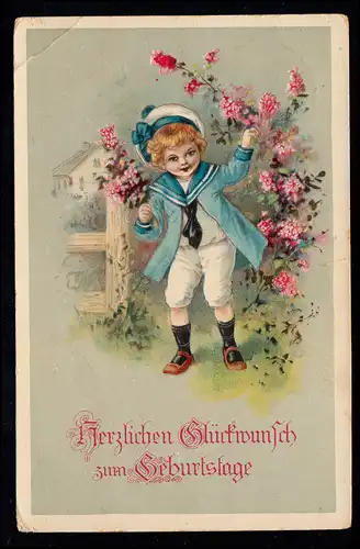 AK Félicitations pour l'anniversaire: enfant en caleçon de fleurs, BOIZENBURG 13.4.1918