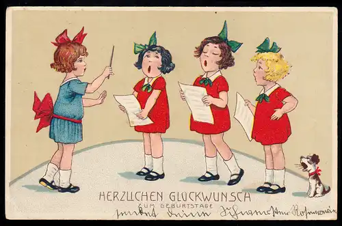 AK Félicitations anniversaire: Filles avec chien, ELMSHORN vers 1930