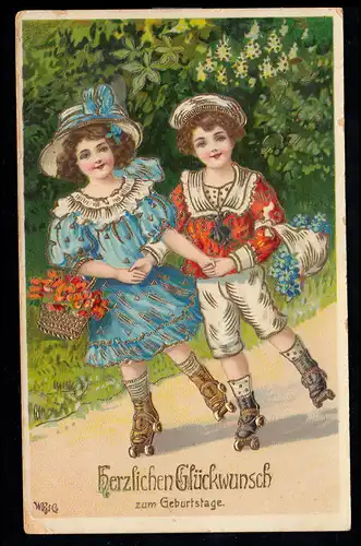 AK Félicitations anniversaire: Enfants à la patinoire, doré, EVEKING 1911