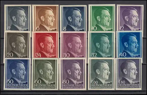 aus 71-115 Freimarken Hitler, 15 Werte UNGEZÄHNT laut Abbildung ** postfrisch