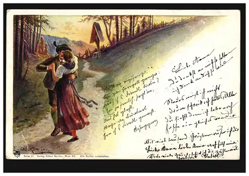 AK amour: Couple de costumes - Son baiser au croisement, MONTJOIE 15.7.1900