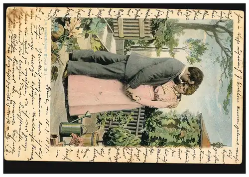 Liebes-AK: Im wunderschönen Monat Mai - Seine Umarmung im Garten, 15.5.1899
