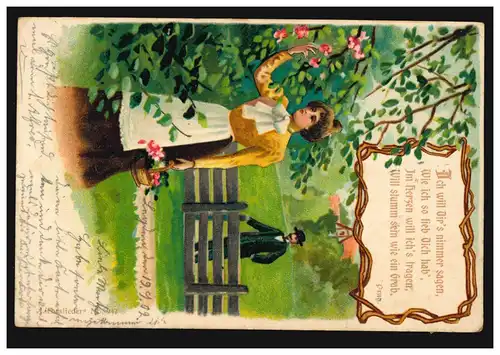 Liebes-AK: Seine Gedanken am Gartentor - Ich hab sie lieb! Nach ODENKIRCHEN 1902