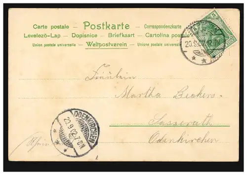 Liebes-AK: Seine Gedanken am Gartentor - Ich hab sie lieb! Nach ODENKIRCHEN 1902