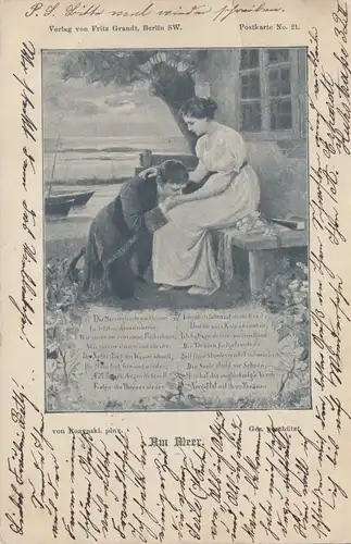 AK amour Rozynski: Au bord de la mer - Son baiser à la main dans le genou, ROSTOCK 22.1.1899