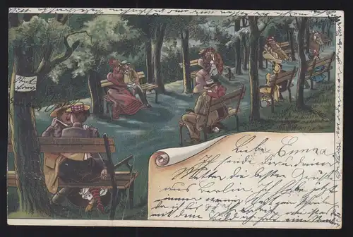 AK Amour Dans le parc - Toutes les banques avec des couples d'amour, BERLIN SW 61a 10.9.1899