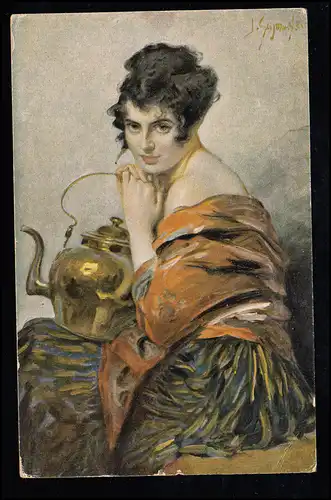 AK Artiste femme sensuelle avec théière, inutilisé