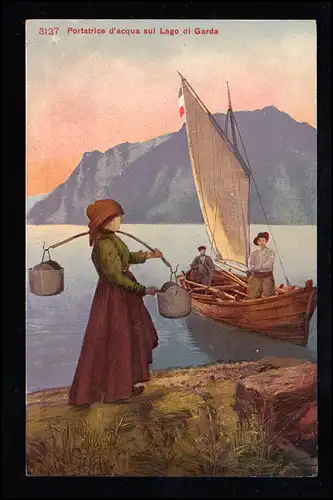 Künstler-AK Die Wasserträgerin am Gardasee mit Fischerboot, ungebraucht