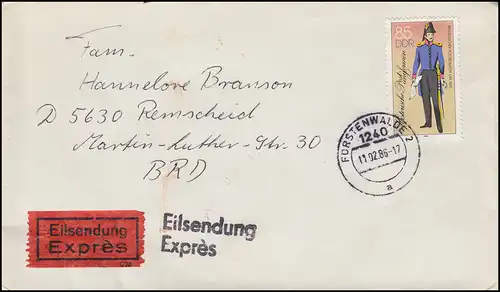 DDR 2999 Postuniformen 85 Pf als EF auf Eil-Brief FÜRSTENWALDE 11.2.1986
