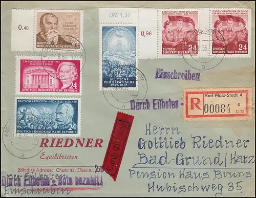 382 Knobelsdorf + 384 Cranach + 401+424+4229 sur lettre Eil-R KARL-MARX-VILLE 1955