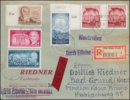 382 Knobelsdorf + 384 Cranach + 401+424+429 auf Eil-R-Brief KARL-MARX-STADT 1955