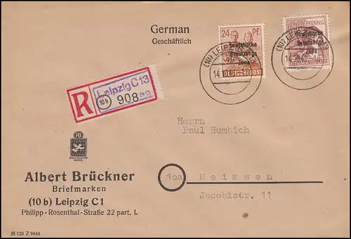 190 mit A195 SBZ-Aufdrucke MiF auf R-Brief Not-R-Zettel LEIPZIG C 13 - 14.10.48