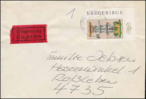 DDR 3139 Weihnachtspyramide 85 Pf auf Eil-Brief, NORDHAUSEN 10.3.88 n. ROSSLEBEN