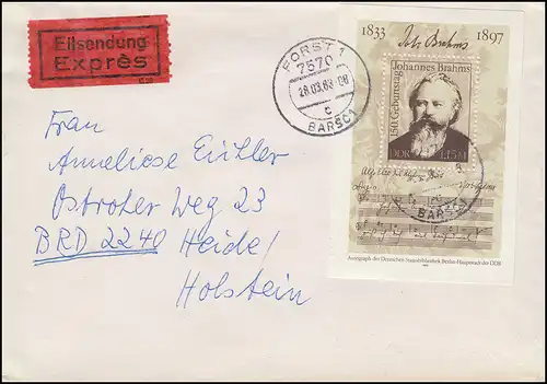 DDR Block 69 Brahms auf Eil-Brief FORST / BARSC 28.3.1983 nach Heide / Holstein