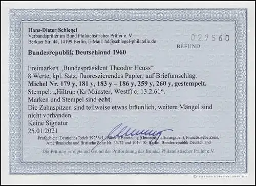 179-260y Heuss lumogen: 8 Werte komplett Sammlerbrief HILTRUP 13.2.61 BPP-Befund