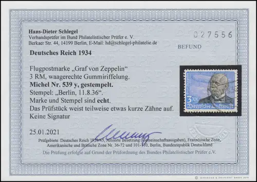 539y vol post 3 RM - waager. caoutchouc récif, BERLIN 11.8.36, résultat Schlegel BPP
