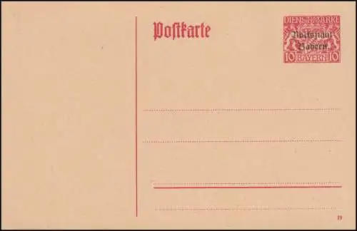 Bayern Dienstpostkarte DP 4 Wappen / Volksstaat 10 Pf. karmin, DV 19, **