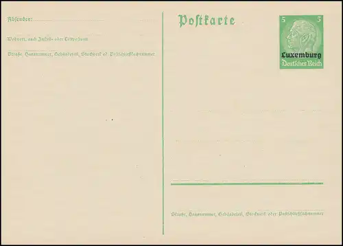 Luxembourg Carte postale P 1 Hindenburg Impression 5 Pf vert clair ** comme dépensé