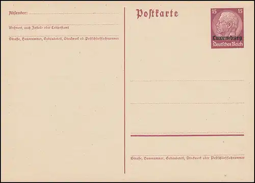 Luxemburg Postkarte P 3 Hindenburg Aufdruck 15 Pf weinrot, ** wie verausgabt
