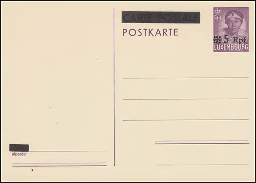 Luxemburg Postkarte P 6 Aufdruck 5 Rpf auf 75 C. purpur, ** wie verausgabt 