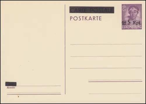Luxemburg Postkarte P 6 Aufdruck 5 Rpf auf 75 C. purpur, ** wie verausgabt 