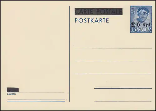 Luxemburg Postkarte P 7 Aufdruck 6 Rpf auf 35 C. blau, ** wie verausgabt 