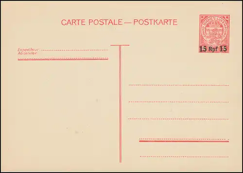 Luxemburg Postkarte P 8 Aufdruck 15 Rpf auf 1 F. rot, ** wie verausgabt 