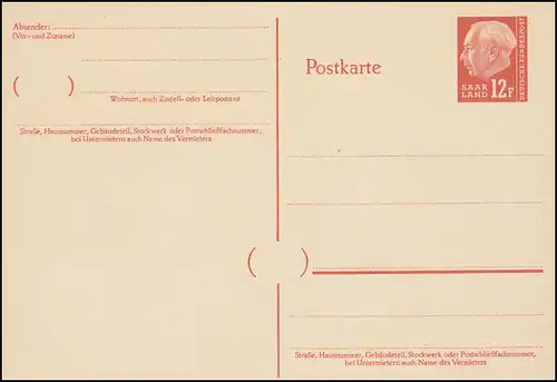 OPD Saarland Postkarte P 47 Heuss 12 F braunorange, ** wie verausgabt