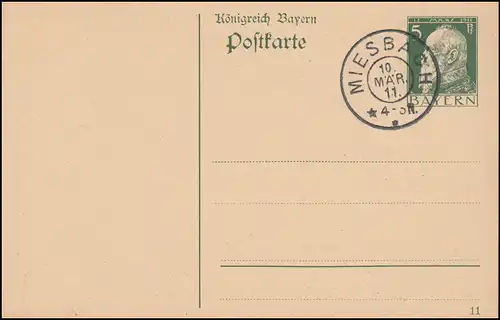 Carte postale de Bavière P 87I/01 Luitpold 5 Pf. DV 11, cachet du premier jour MIESBACH 10.3.11