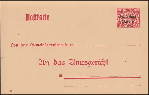 Bayern Lienstpostkarte/Autorité DPB 8 Armoiries 10/10 Pf. DV 19, karmin, **
