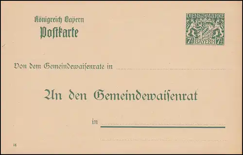 Bayern Dienstpostkarte/Behörde DPB 7/01 Wappen 7,5 / 7,5 Pf. DV 16, grün, ** 
