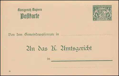 Bayern Dienstpostkarte/Behörde DPB 7/01 Wappen 7,5 / 7,5 Pf. DV 16, grün, ** 