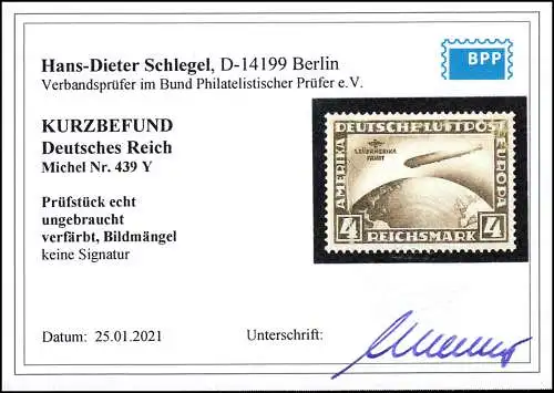 439Y Südamerika-Fahrt 4 RM - ohne Falz / kleine Mängel, Kurzbefund Schlegel BPP