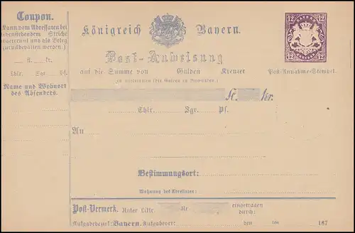 Bayern A 8 I Instruction postale 12 Kreuzer Wappen violet, Type I, frais de port **