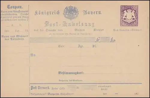 Bayern A 8 I Instruction postale 12 Kreuzer Wappen violet, Type I, frais de port **