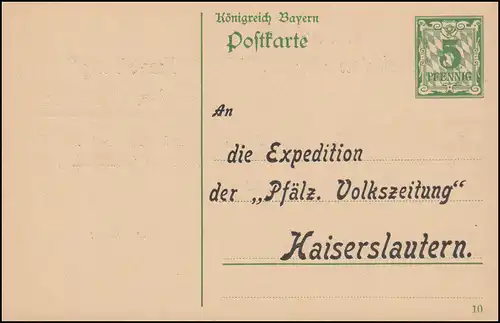 Postkarte P 83/01 Zudruck An die Pfälzische Volkszeitung in Kaiserslautern, **