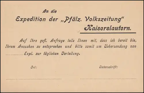 Postkarte P 83/01 Zudruck An die Pfälzische Volkszeitung in Kaiserslautern, **