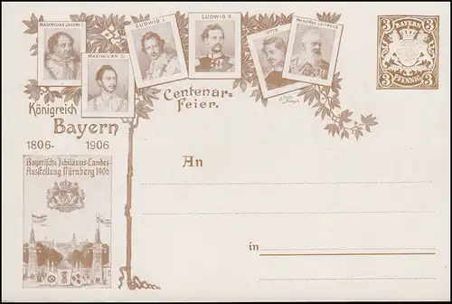 Bayern Privatpostkarte PP 11 Centenar-Feier Ausstellung Nürnberg 1906, **